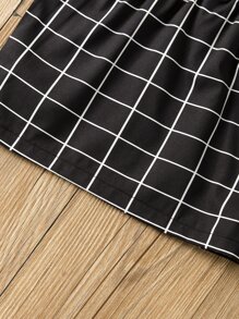 SHEIN 小女童網格線條紋開衩短裙和掛脖上衣 - 黑色 - 查看 7