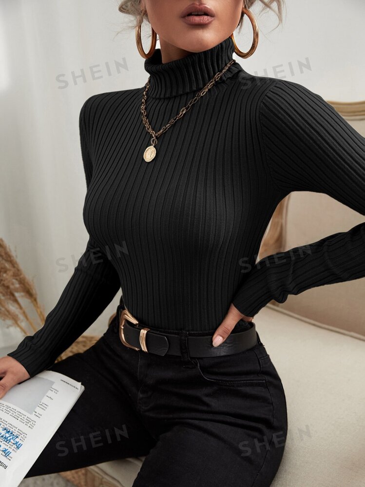 SHEIN Raffinea Turtle Neck Ribbed Knit Sweater SHEIN USA
