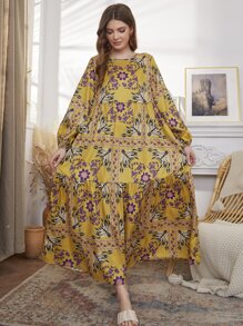 Al Najma Vestido con estampado floral de manga farol bajo con fruncido - Multicolor - Ver 1