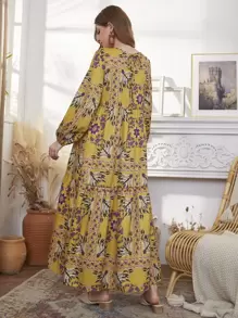 Al Najma Vestido con estampado floral de manga farol bajo con fruncido - Multicolor - Ver 2