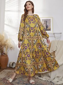 Al Najma Vestido con estampado floral de manga farol bajo con fruncido - Multicolor - Ver 3