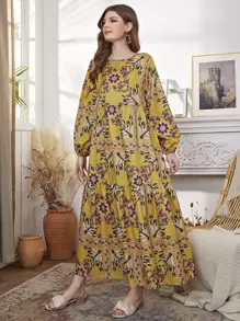 Al Najma Vestido con estampado floral de manga farol bajo con fruncido - Multicolor - Ver 4