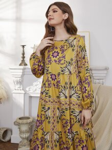 Al Najma Vestido con estampado floral de manga farol bajo con fruncido - Multicolor - Ver 5