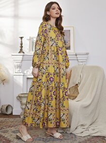 Al Najma Vestido con estampado floral de manga farol bajo con fruncido - Multicolor - Ver 6