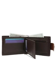 DE LI BI Nam Chữ Đồ Họa Nút Chụp PU Nhỏ Ví Thẻ Ví Nhỏ ID Cửa Sổ Dây Kéo Ví Nam Bố Quà Tặng - Cà phê nâu - Xem 2