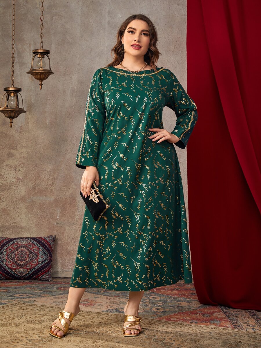 Al Najma 大碼金色植物印花織帶拼接直筒連衣裙 - 墨綠色 - 查看 1