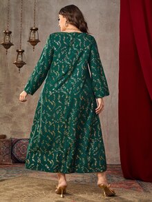 Al Najma 大碼金色植物印花織帶拼接直筒連衣裙 - 墨綠色 - 查看 2