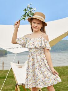 SHEIN Niñas Vestido con estampado floral de hombros descubiertos con diseño fruncido - Multicolor - Ver 1