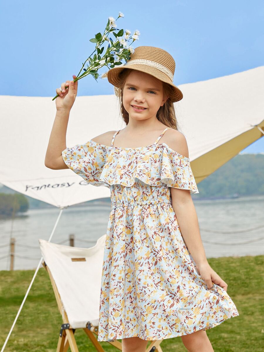 SHEIN Niñas Vestido con estampado floral de hombros descubiertos con diseño fruncido - Multicolor - Ver 1