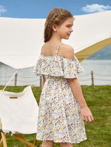 SHEIN Niñas Vestido con estampado floral de hombros descubiertos con diseño fruncido - Multicolor - Ver 2