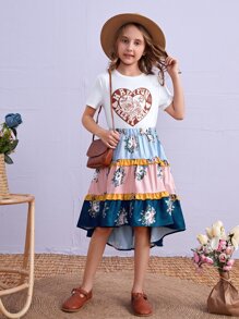 SHEIN Girls Colourblock Floral Print Frill High Low Hem Skirt - Multicolor - View 1