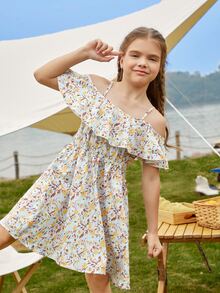 SHEIN Niñas Vestido con estampado floral de hombros descubiertos con diseño fruncido - Multicolor - Ver 3