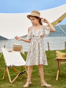 SHEIN Niñas Vestido con estampado floral de hombros descubiertos con diseño fruncido - Multicolor - Ver 4