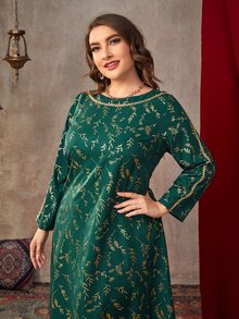 Al Najma 大碼金色植物印花織帶拼接直筒連衣裙 - 墨綠色 - 查看 3