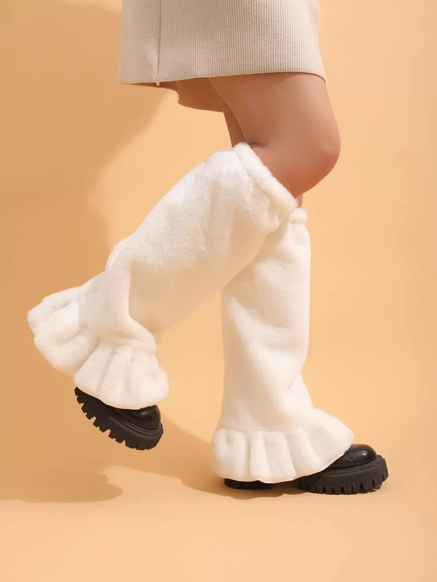 Ruffle Trim Solid Leg Warmers - White - View 1