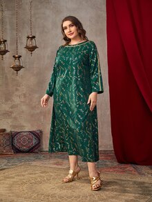 Al Najma 大碼金色植物印花織帶拼接直筒連衣裙 - 墨綠色 - 查看 4