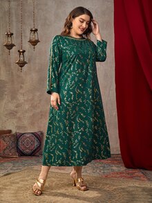 Al Najma 大碼金色植物印花織帶拼接直筒連衣裙 - 墨綠色 - 查看 5