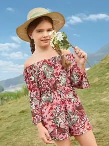 SHEIN Girls Paisley Print Off Shoulder Romper - Multicolor - View 1