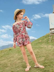 SHEIN Girls Paisley Print Off Shoulder Romper - Multicolor - View 3