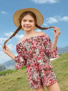SHEIN Girls Paisley Print Off Shoulder Romper - Multicolor - View 5