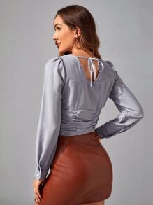 Blusa con cordón trasero de manga farol pecho con fruncido - Azul - Ver 2