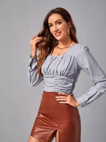 Blusa con cordón trasero de manga farol pecho con fruncido - Azul - Ver 4