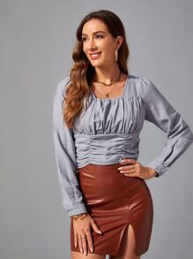 Blusa con cordón trasero de manga farol pecho con fruncido - Azul - Ver 5