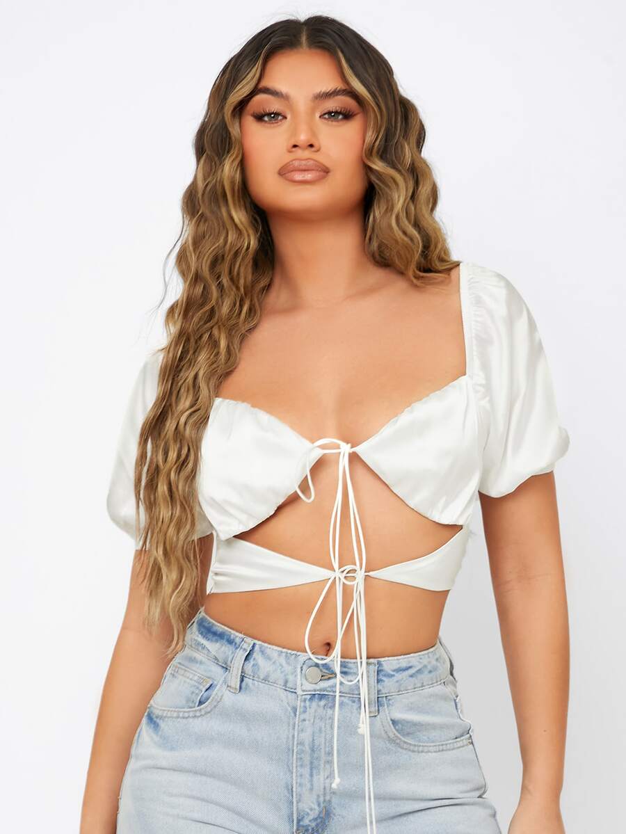 SHEIN Tie Front Puff Sleeve Top - White - View 1