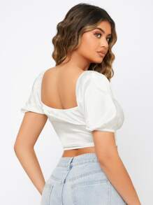 SHEIN Tie Front Puff Sleeve Top - White - View 2
