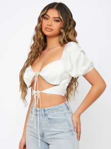 SHEIN Tie Front Puff Sleeve Top - White - View 3