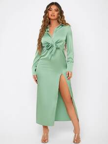 SHEIN Tie Front Split Thigh Satin Dress - Mint Green - View 4