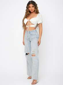 SHEIN Tie Front Puff Sleeve Top - White - View 5