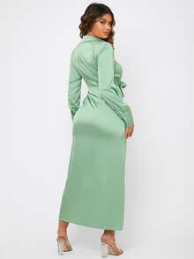 SHEIN Tie Front Split Thigh Satin Dress - Mint Green - View 2