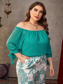 SHEIN Clasi Plus Off Shoulder Tie Cuff Top & Floral Print Trousers - Multicolor - View 5