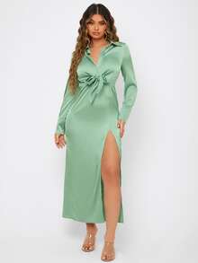 SHEIN Tie Front Split Thigh Satin Dress - Mint Green - View 3