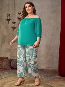SHEIN Clasi Plus Off Shoulder Tie Cuff Top & Floral Print Trousers - Multicolor - View 3