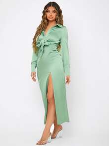 SHEIN Tie Front Split Thigh Satin Dress - Mint Green - View 5