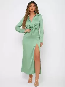 SHEIN Tie Front Split Thigh Satin Dress - Mint Green - View 1