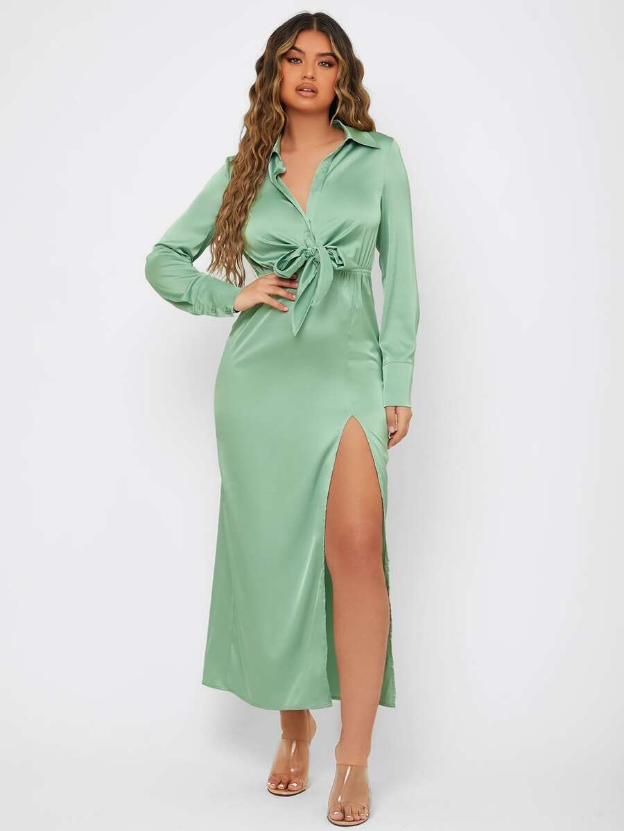 SHEIN Tie Front Split Thigh Satin Dress - Mint Green - View 1