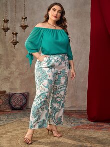 SHEIN Clasi Plus Off Shoulder Tie Cuff Top & Floral Print Trousers - Multicolor - View 4