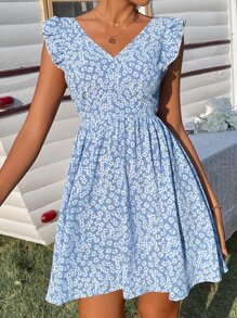 SHEIN Frenchy Vestido floral de espalda abierta con nudo ribete con fruncido - Azul - Ver 2