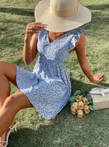 SHEIN Frenchy Vestido floral de espalda abierta con nudo ribete con fruncido - Azul - Ver 3