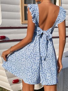 SHEIN Frenchy Vestido floral de espalda abierta con nudo ribete con fruncido - Azul - Ver 4