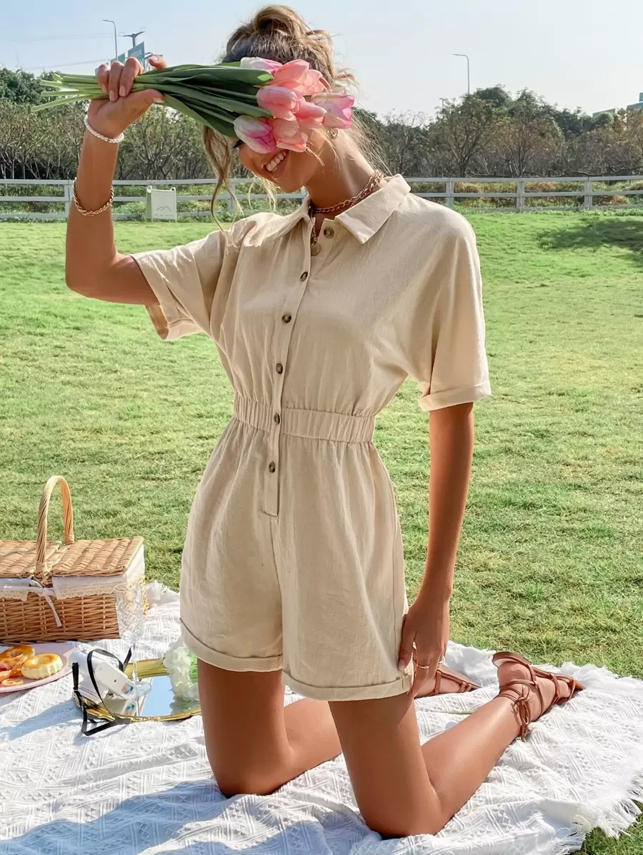 紋理質感蝙蝠袖彈性腰帶反摺褲腳襯衫連體短褲 - 卡其色 - 查看 1