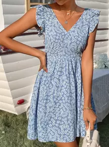 SHEIN Frenchy Vestido floral de espalda abierta con nudo ribete con fruncido - Azul - Ver 6