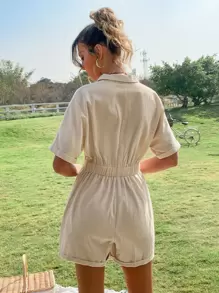 紋理質感蝙蝠袖彈性腰帶反摺褲腳襯衫連體短褲 - 卡其色 - 查看 2