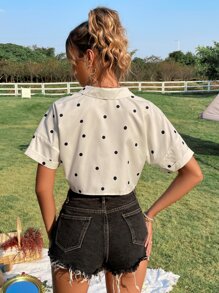 波點圖案下擺打結短款襯衫 - 白色 - 查看 2