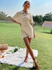 紋理質感蝙蝠袖彈性腰帶反摺褲腳襯衫連體短褲 - 卡其色 - 查看 4