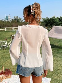 Áo sơ mi nữ Thắt nút Xù cắt màu trơn Giải trí - trắng - Xem 2