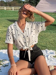 波點圖案下擺打結短款襯衫 - 白色 - 查看 4